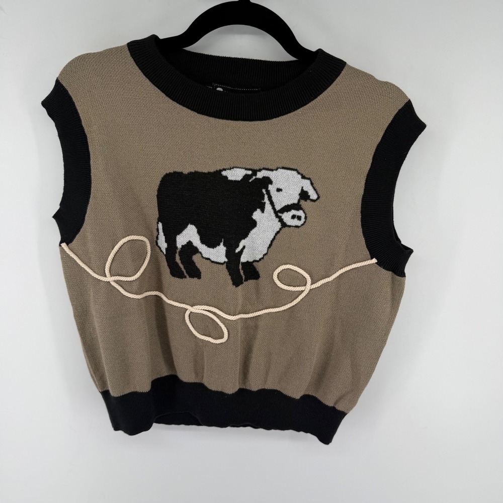 2FlyCo Cow Sweater Vest Womens S/M Tan Knit Western Boho Rope Detail New